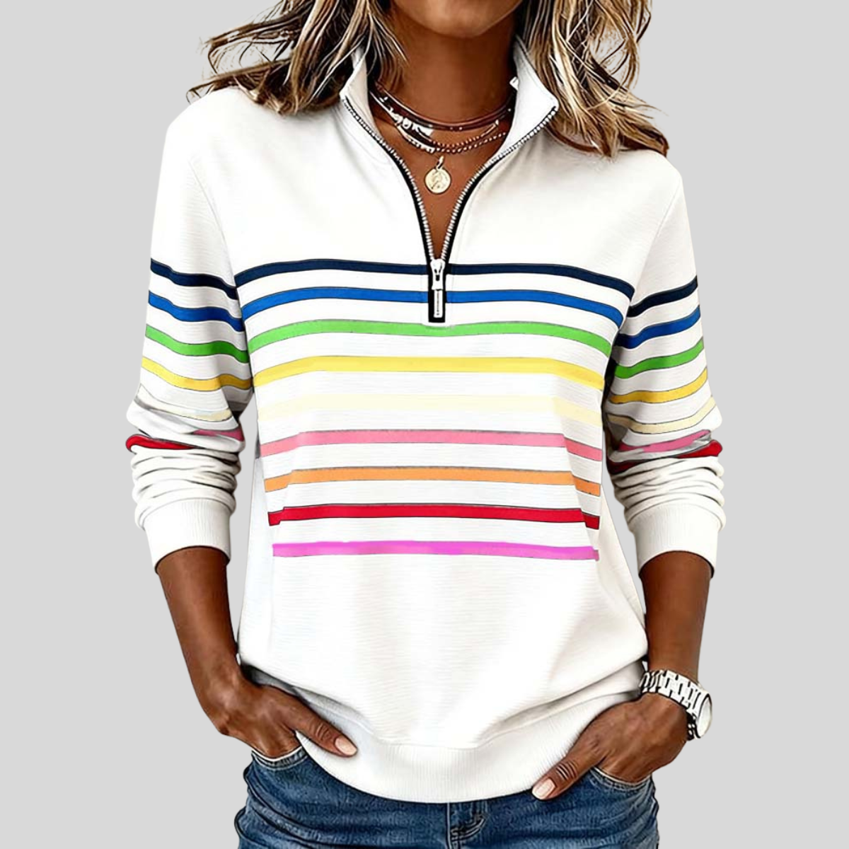 Prismette™ | Kleurrijke Gestreepte Quarter-Zip Sweatshirt