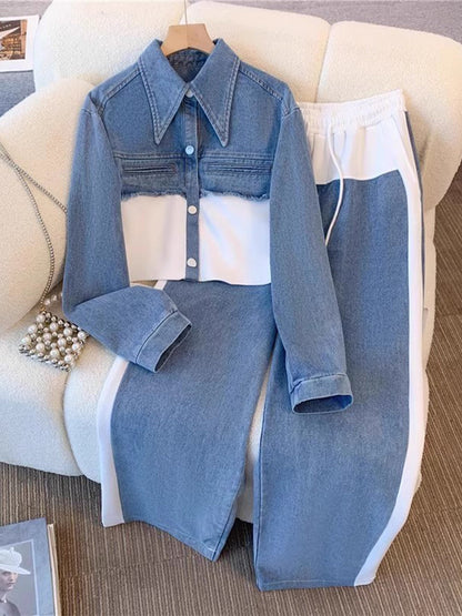 Danielle | Colourblock Cropped Jas & Wijde Pijp Broek Set