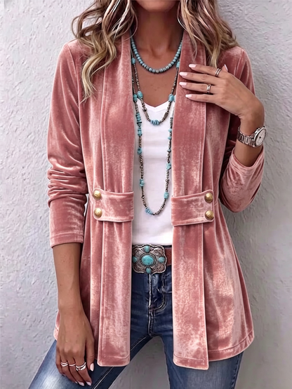 Renée | Vintage Revers Knoop Detail Lange Mouw Open Jas
