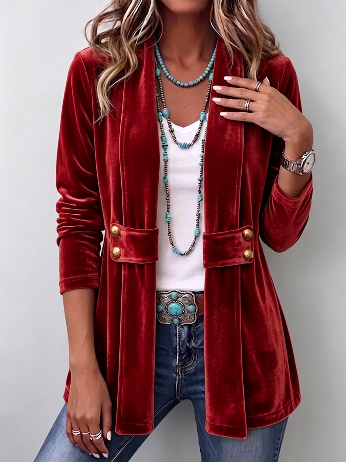 Renée | Vintage Revers Knoop Detail Lange Mouw Open Jas