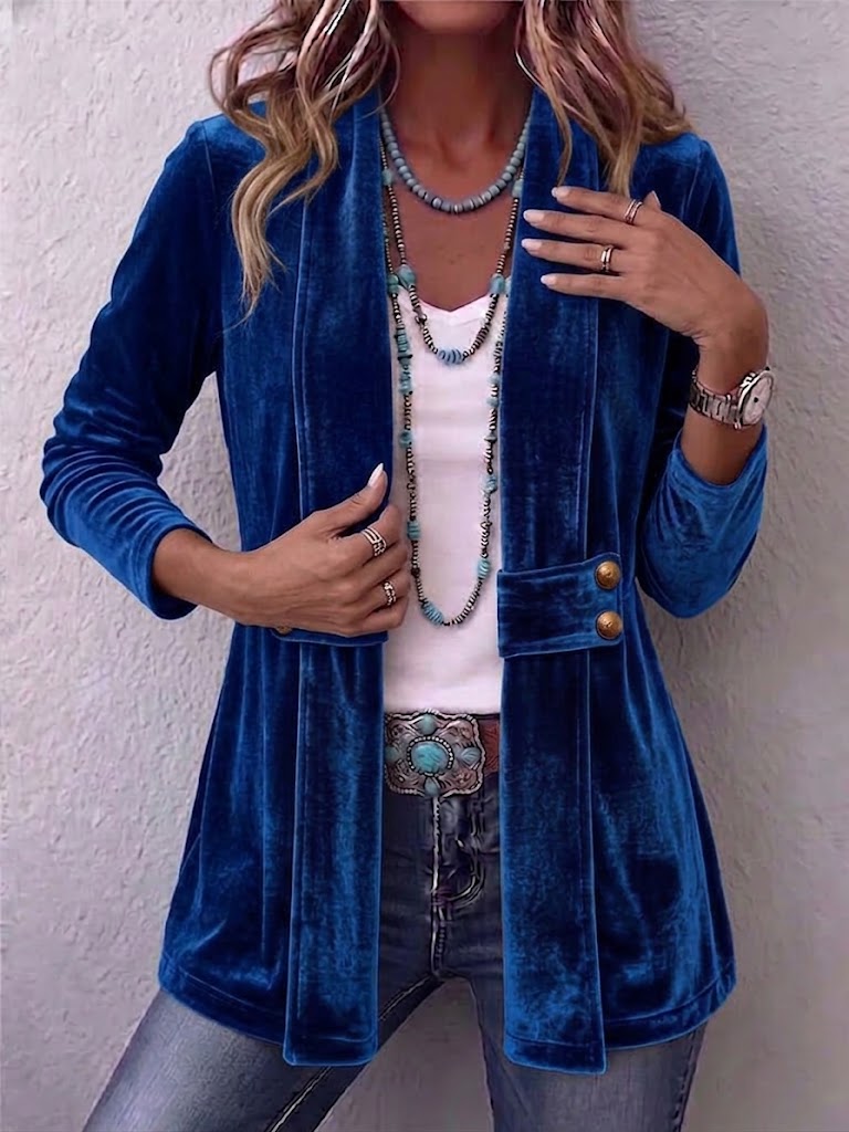 Renée | Vintage Revers Knoop Detail Lange Mouw Open Jas