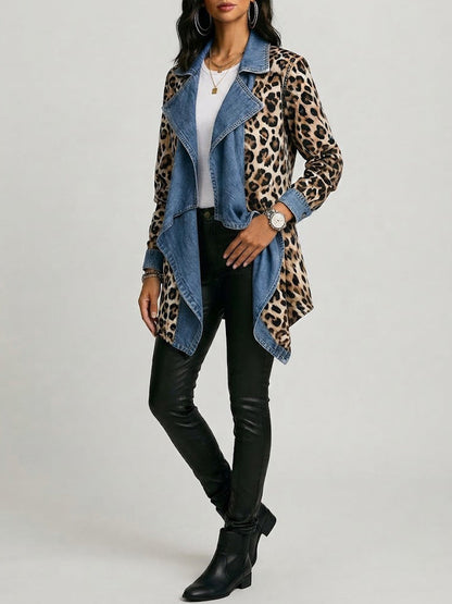 Cécile | Luipaard Print & Gewassen Denim Paneel Jas