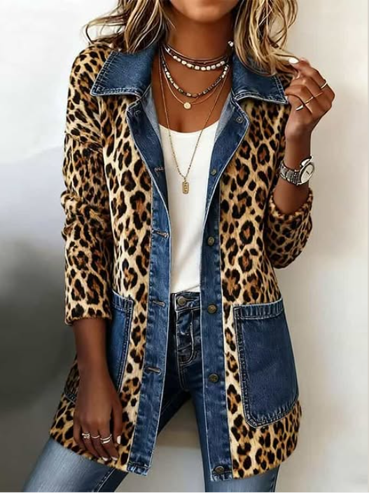 Madeleine | Luipaard Print Denim Paneel Contrast Longline Jas